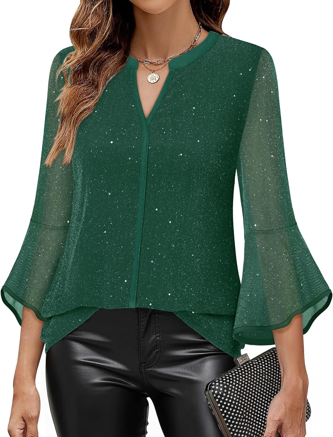 VALOLIA Women's 3/4 Sleeve Dressy Blouses Shirts Casual Loose Fit Mesh Layered Flowy Tunic Tops - Image 2