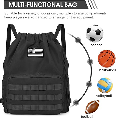 Miniatura 7 de G4Free Mochila con cordón para gimnasio, bolsa de baloncesto de fútbol con compartimento para zapatos, bolsa deportiva táctica, Negro -, Classic