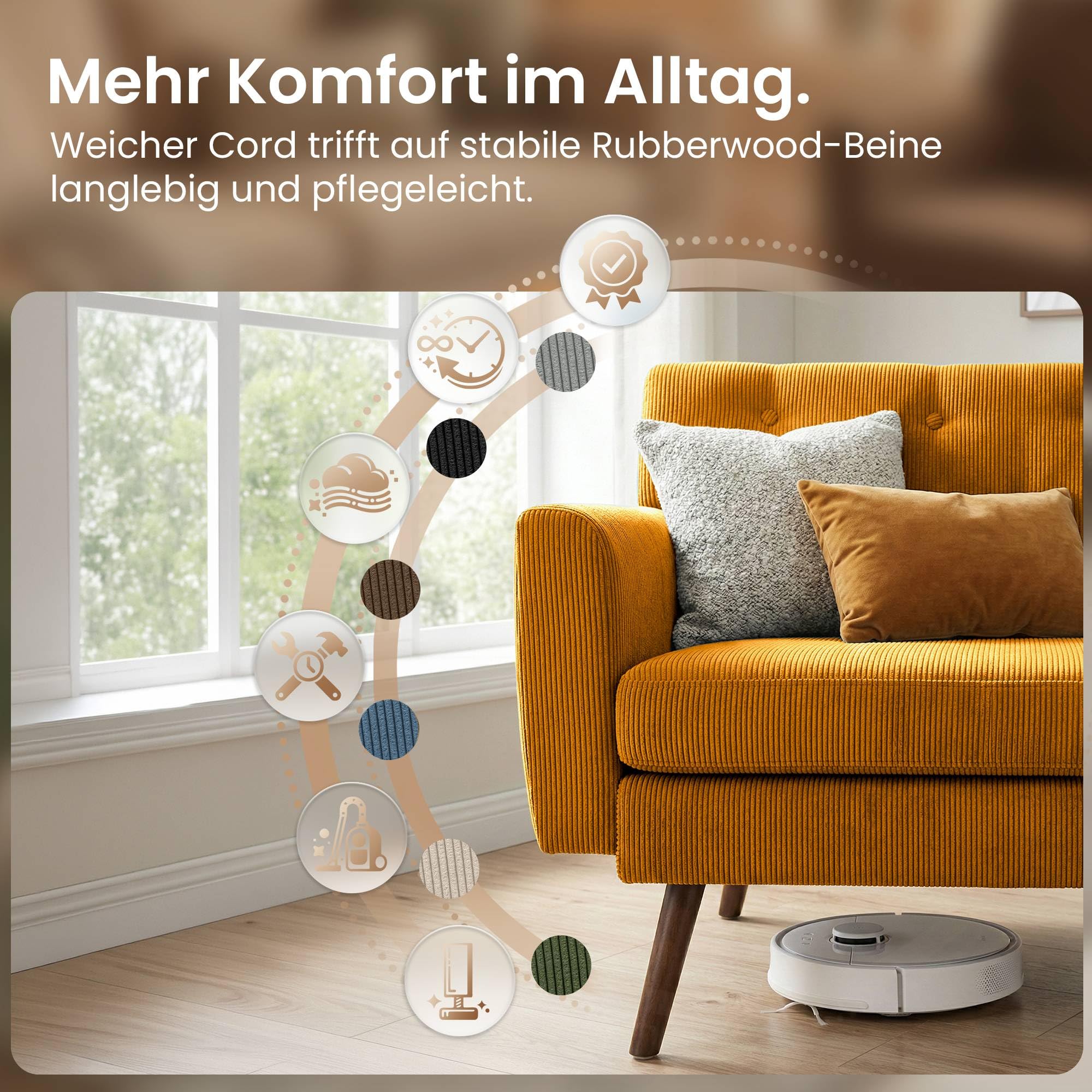 CLP Sofa 2-Sitzer mit Cordbezug Kioni, Couch bequem für Wohnzimmer, komfortabel gepolstert, bis 240 kg belastbar, Beine aus Kautschukholz, Farbe:orange