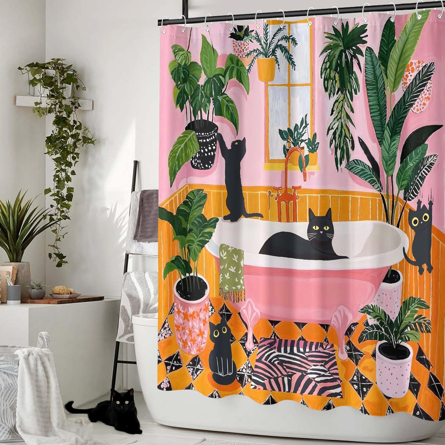 Fowocu Funny Cat Shower Curtain Boho Cute Fun Black Cats Matisse Shower Curtains for Bathroom Kitten Green Tropical Plant Leaves Pink Orange Yellow Waterproof Fabric Bath Curtain Decor 72 X 72 Inches