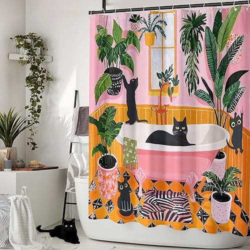 Miniatura 4 de Fowocu Divertida cortina de ducha con diseño de gatos, estilo bohemio, bonita, divertida, con diseño de gatos negros, para baño, gatito, verde,