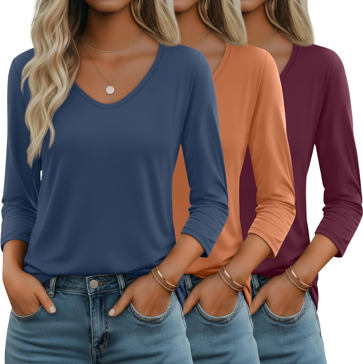 Huukeay 3 Pack Women’s 3/4 Sleeve T-Shirts, V Neck Casual Tops Loose Fit Tunic Basic Tees 3/4 Length Sleeve Soft Blouses