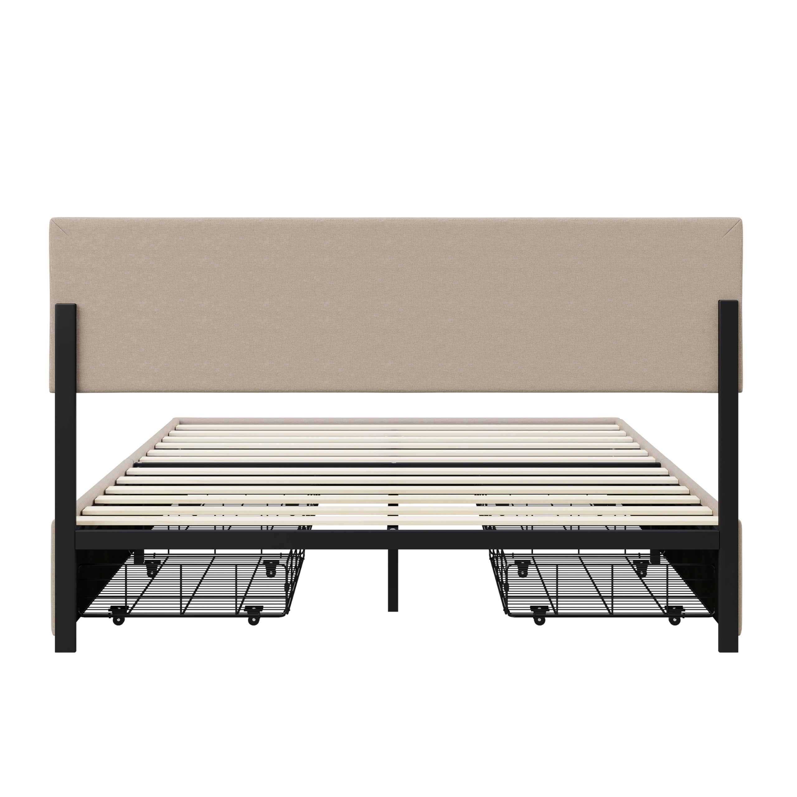 BRILVERDE Letto imbottito 160x200 con Contenitore, letto matrimoniale con LED, con 4 cassetti, letto funzionale con testiera, struttura letto con rete a doghe, Lino (Beige, 160 x 200 cm)