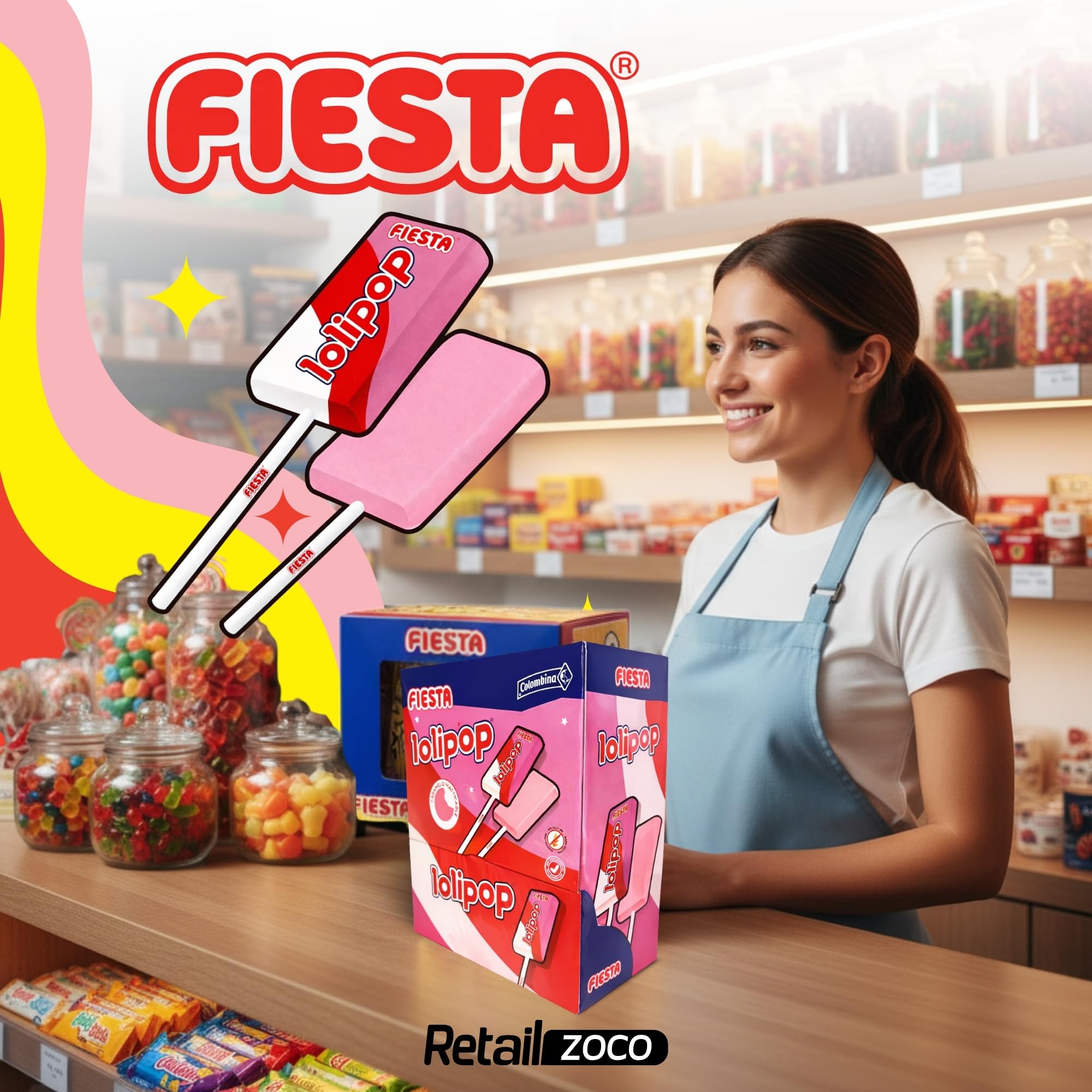 Lolipop sabor fresa, Caramelo Masticable con Palo, Apto para veganos, sin gluten, sin huevo y sin lactosa es completamente apto para celíacos, Contiene 1 caja con 200 unidades
