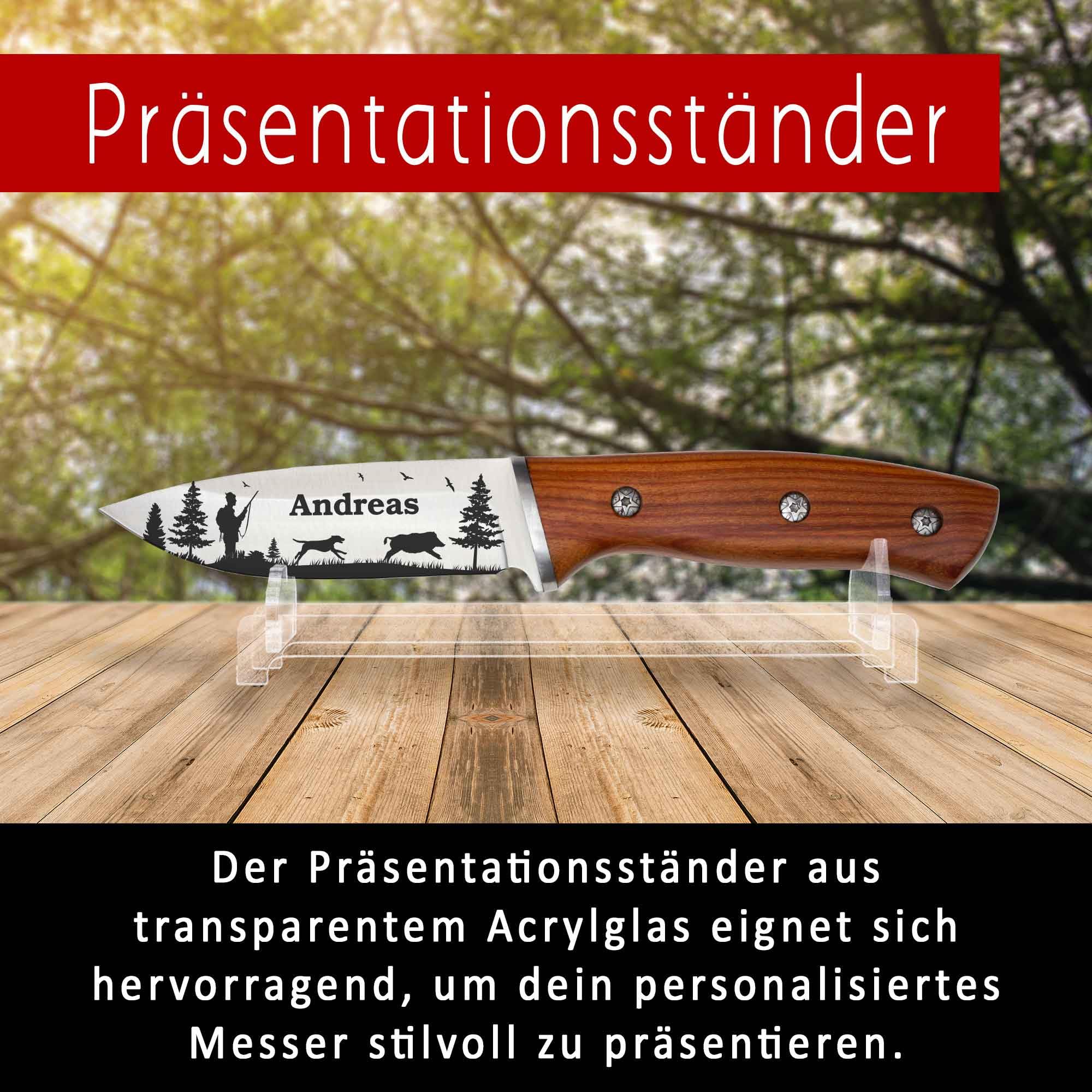 ADAM WILD Jagdmesser mit Gravur | personalisiert | Geschenke für Jäger | Wunschname graviert | rostfreier Edelstahl, Holzgriff & Lederscheide | Jagdzubehör & Geschenk zum Jagdschein