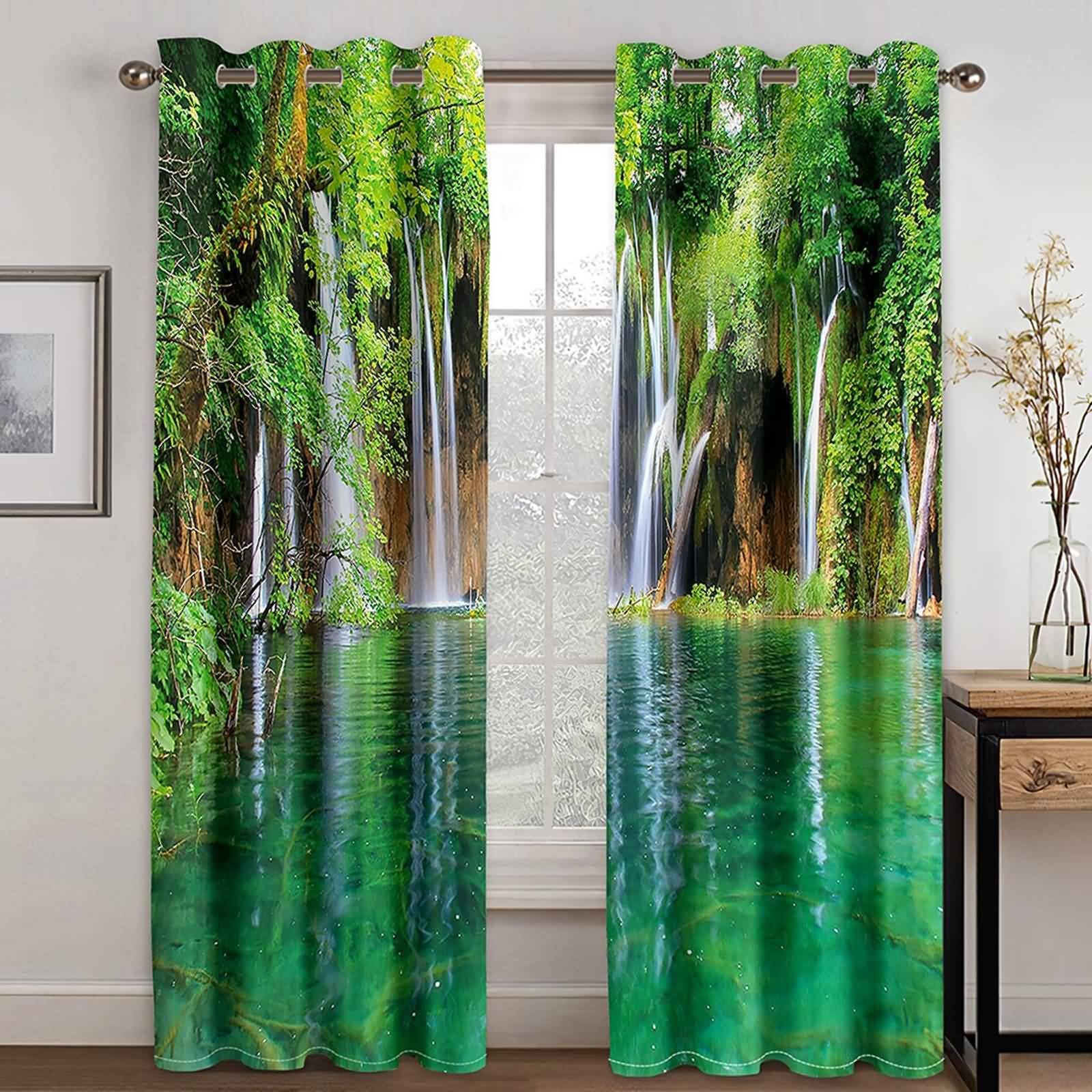 Verdunklungsvorhänge mit Ösen, 107x160cm Grün Braun Weiß Bäume, Bäche und See Sommer Vorhang Blickdicht mit Ösen Thermovorhang Kälteschutz Vorhänge Wohnzimmer Schlafzimmer Wärmeisolierend