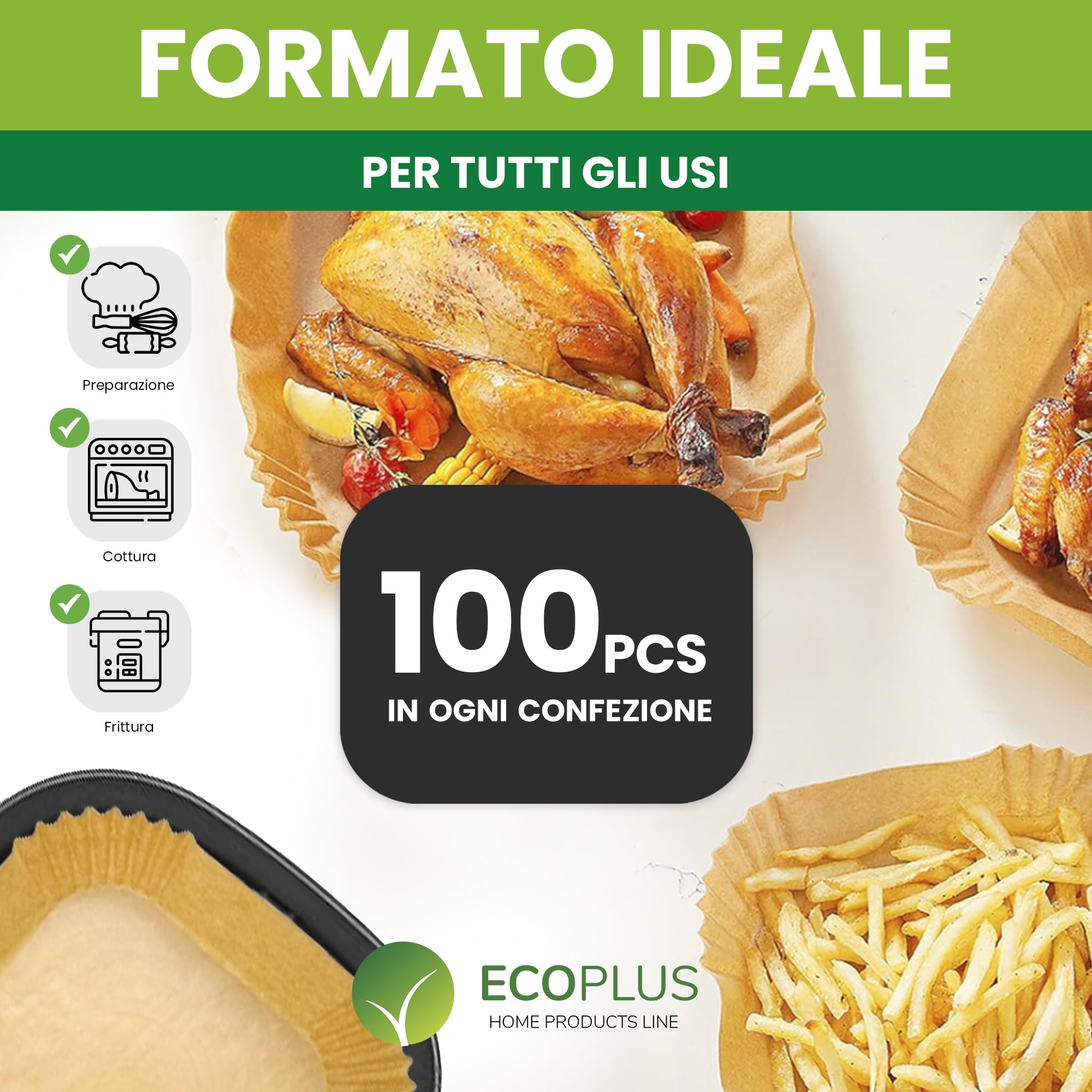 Carta Forno Per Friggitrice Ad Aria - 100 Fogli 20x20 Cm | Senza BPA, Antiaderente E Biodegradabile - Foto 2