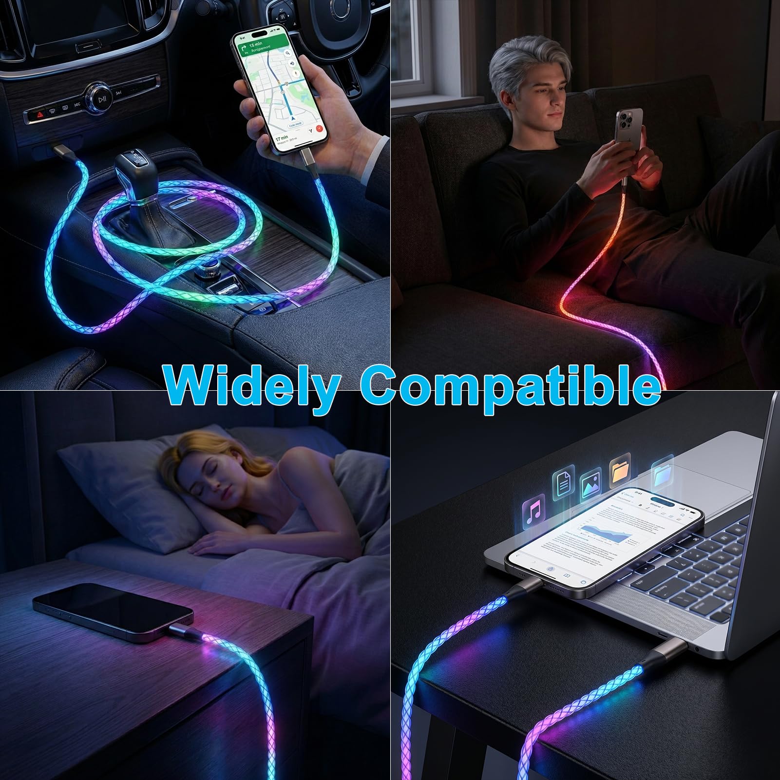 Cavo di ricarica USB C da 6 A, ricarica rapida, colore graduale RGB, 66 W, cavo di sincronizzazione dati da USB A a USB C, compatibile con iPhone 15/16, Samsung Galaxy S23/S24/S25 Ultra (multicolore