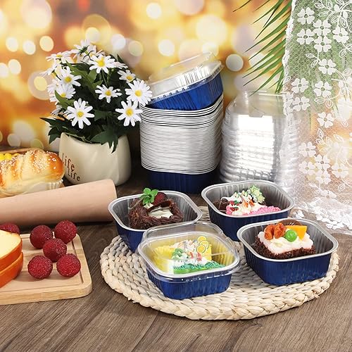Miniatura 4 de 50 tazas de papel de aluminio para hornear con tapas, moldes cuadrados de 10 onzas para hornear, moldes desechables con tapas para flanes,