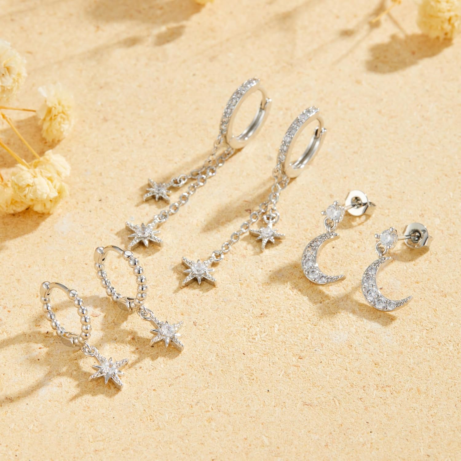 3 Pair 14K Gold Plated Celestial Earrings Set for Women Moon and Star Cubic Zirconia Earring Stacks Hoop Chain Dangle Multiple Piercing Earrings Trendy Non Tarnish Jewelry Gifts - Image 4