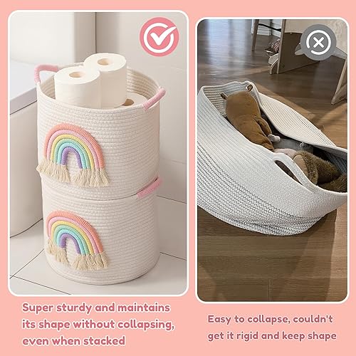Miniatura 7 de INough Cestas de almacenamiento de juguetes cesta de almacenamiento de cuerda de algodón tejida con decoración de arco iris para niños, cestas de