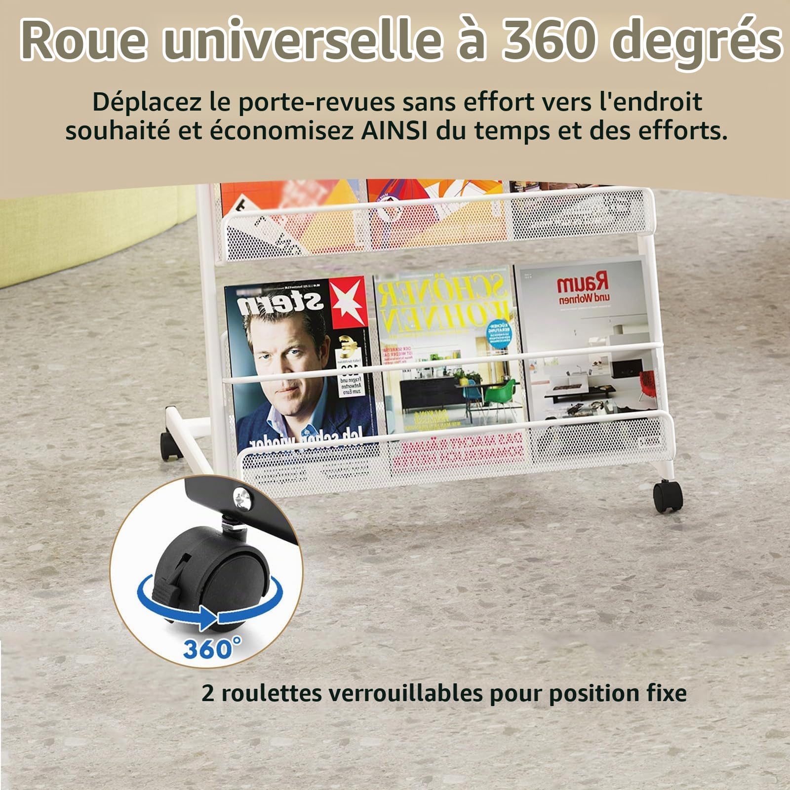 Présentoir à prospectus à 4 niveaux, porte-revues, support de littérature au sol, grand porte-brochures en acier, porte-revues A4 avec roulettes, pour zone de réception publique