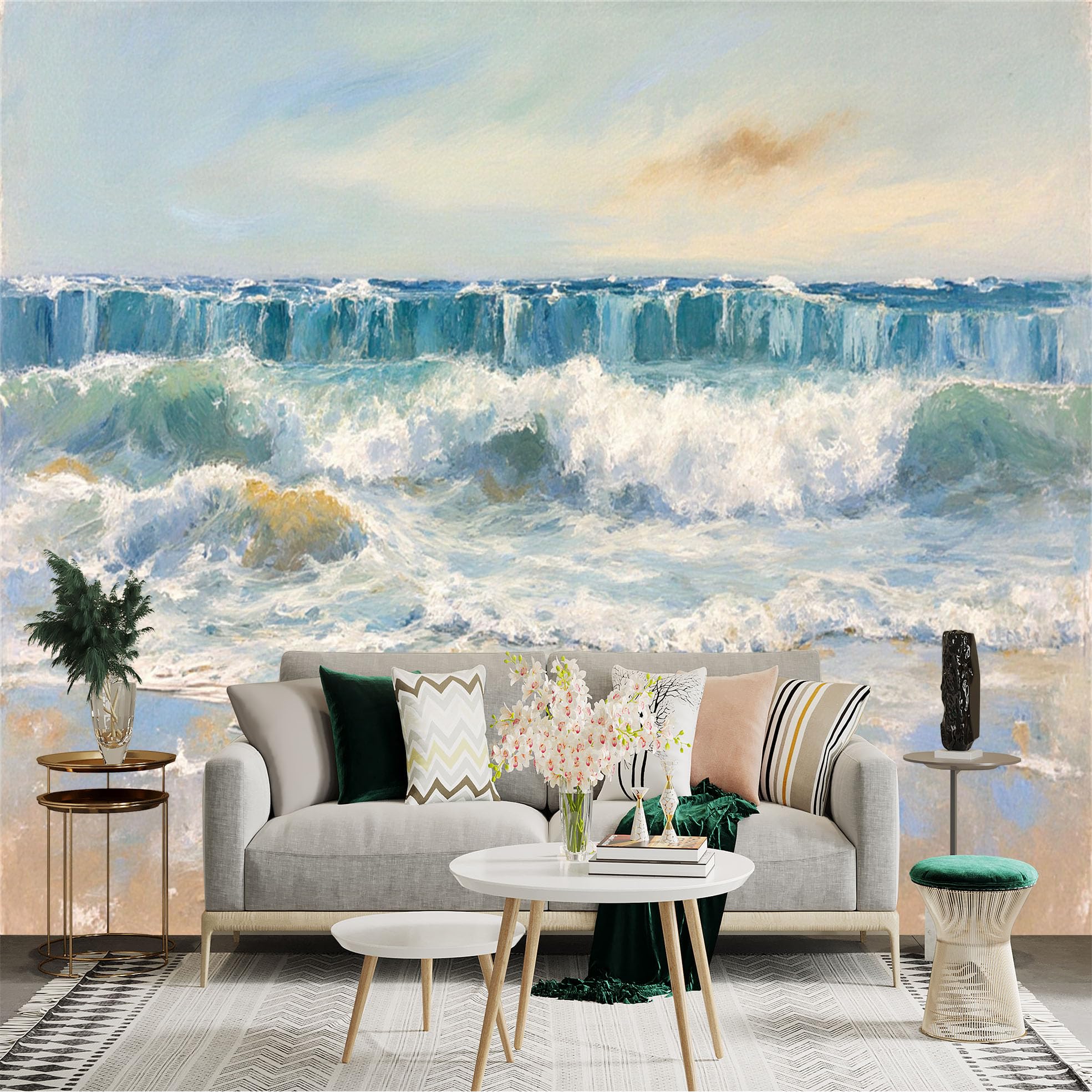 Lnzczhyre Xc260505742 Custom Size Wall Sticker Mural， Blue Ocean Waves， Crashing Surf On Sandy Beach， Coastal Seascape， For Wall Decoration， Peelandstick Wall Decals.