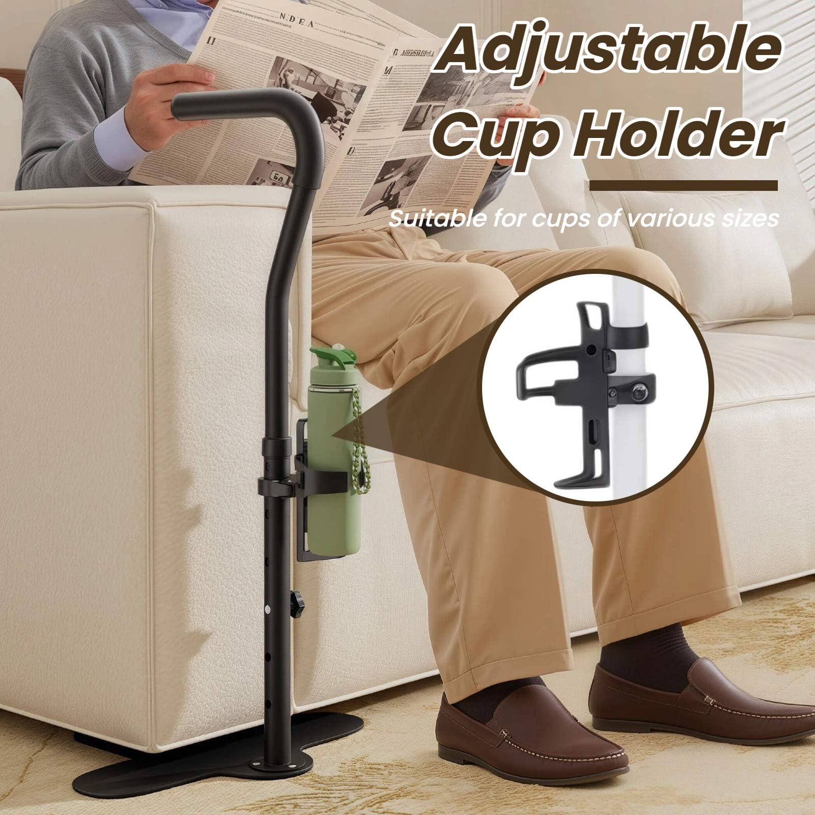 Soporte para personas mayores, altura ajustable de 62 a 87 cm, mango antideslizante y portavasos, adecuado para sofá, silla, ideal para personas mayores y personas con discapacidad