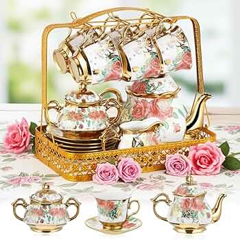 食器  tea set Amazon.com | Suttmin 22 Pcs Gold Plated Vintage Floral Porcelain