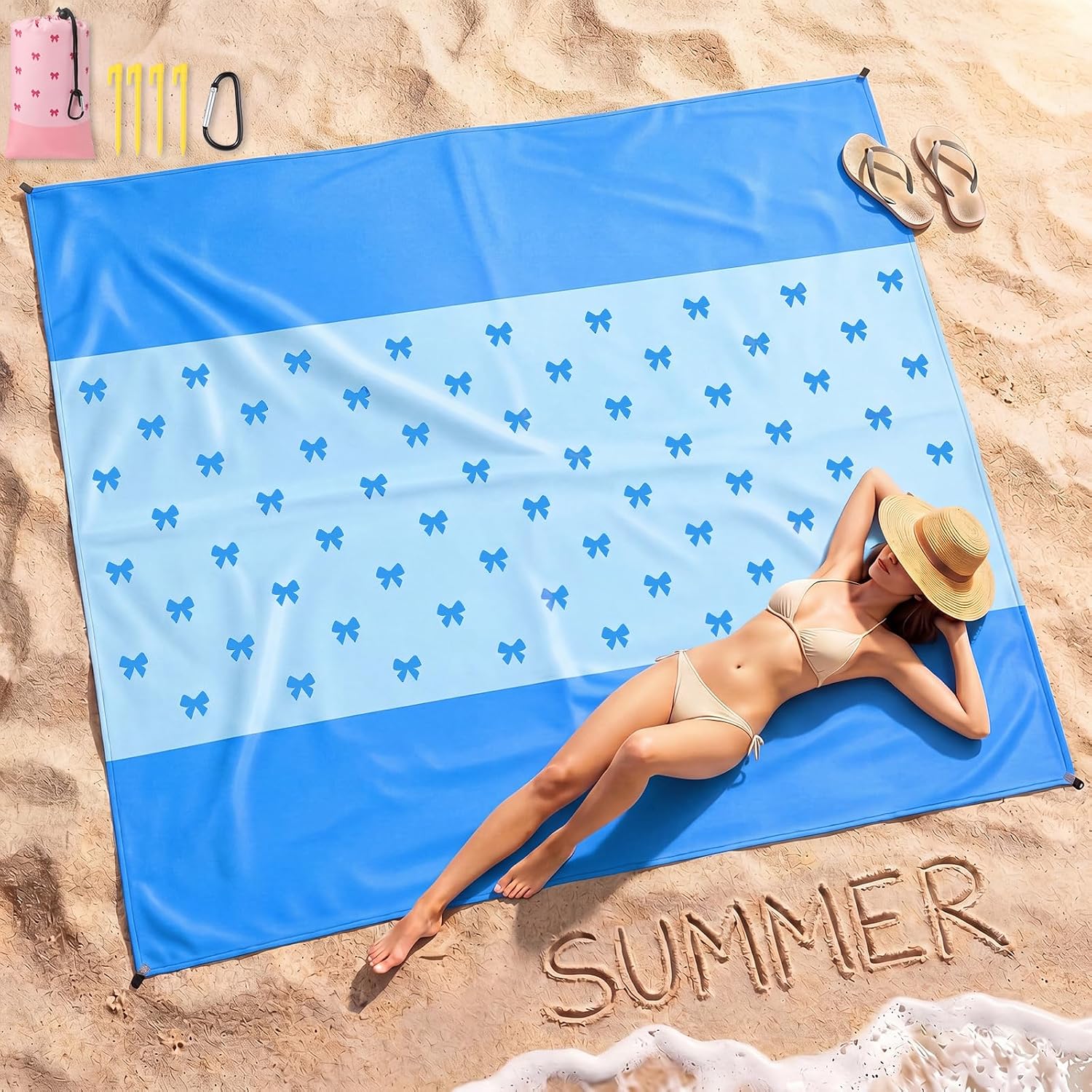 Tingjoo Extra Pink Bow Beach Blanket, 83"x79" Oversized Waterproof Sandproof Quick Drying Outdoor Pink Picnic Blanket Large Sand Free Travel Mat with Stakes for Vacation, Beach, Camping