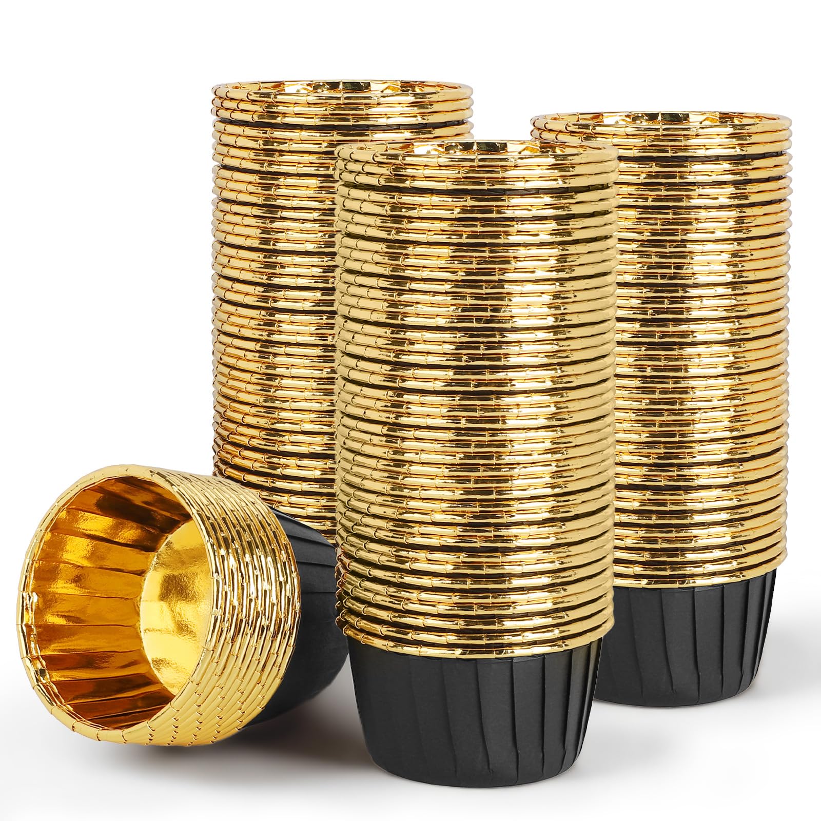 EUSOAR Black Cupcake Liners, 100pcs 3.5oz Mini Cheesecakes Cups Disposable Ramekins, Aluminum Foil Wrappers Paper Cupcake Containers Muffin Dessert Holders for Birthday Wedding Party-Black/Gold