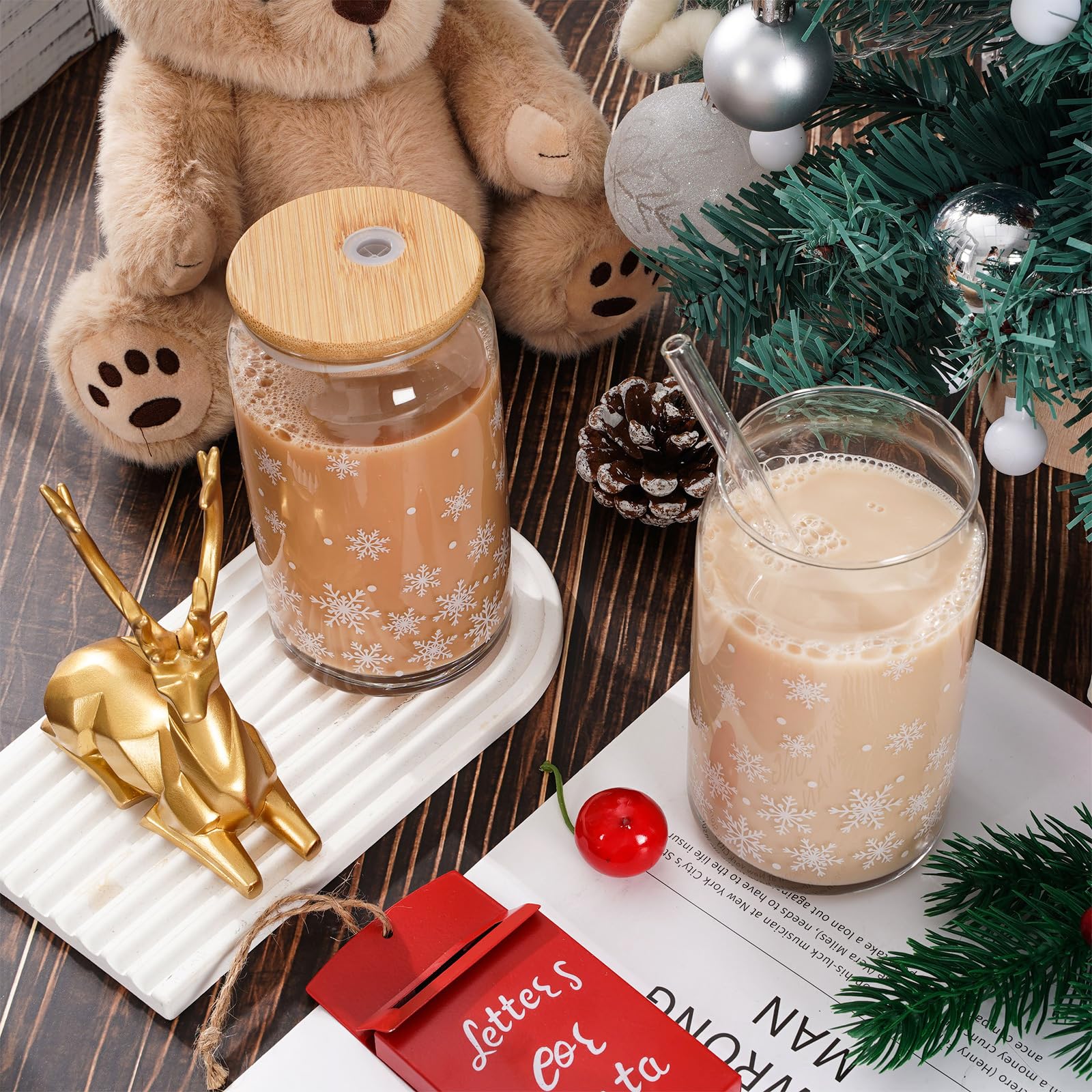 Whaline Lot de 2 verres à boire d'hiver en verre avec couvercle en bambou et paille en verre et brosse de nettoyage pour cocktails, whisky, bière, soda - 473,6 g - Blanc