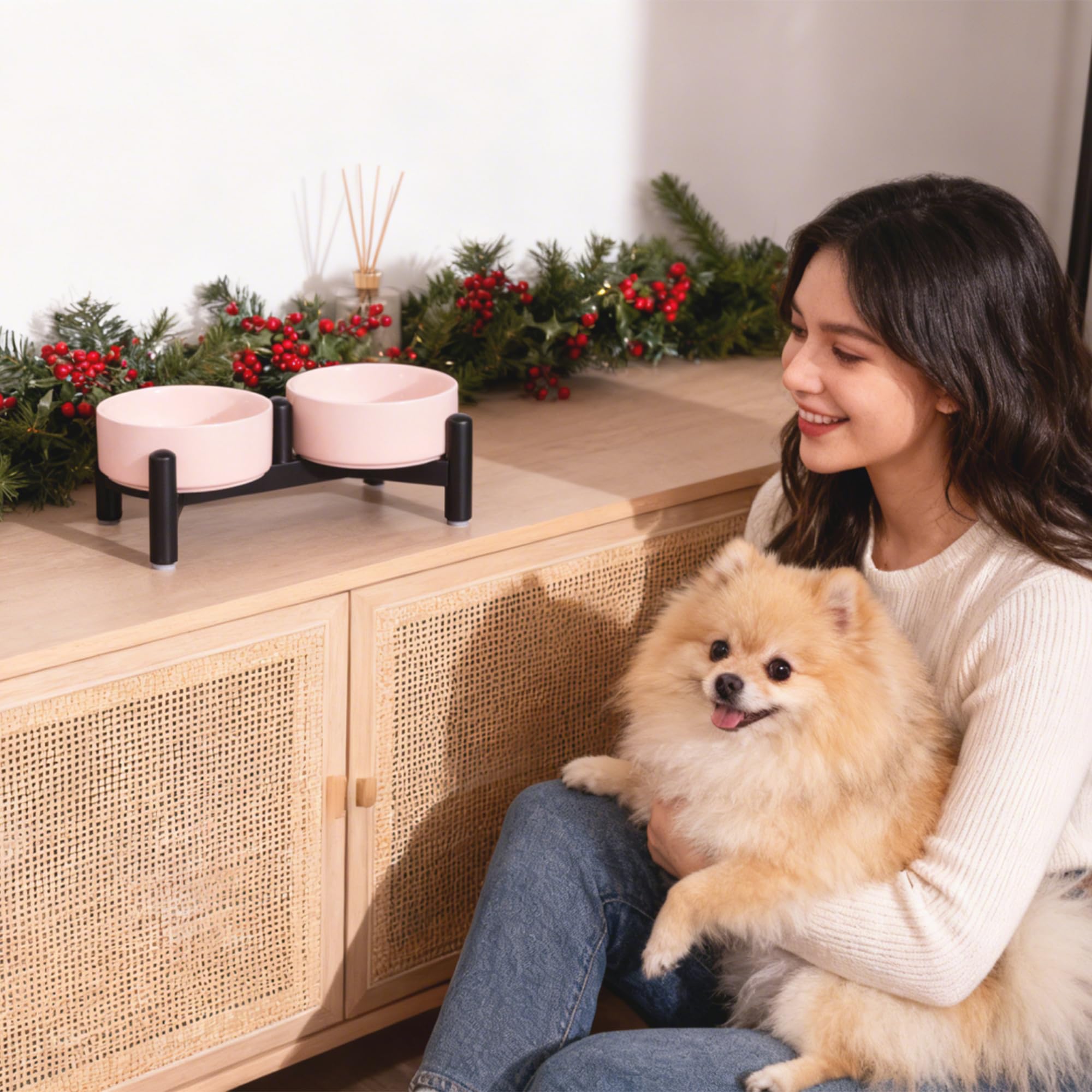 Keramik Hundenapf Erhöht mit Edelstahl-Ständer - Stylisch Doppelnapf Futterstation für Katzen und Kleine Hunde - rutschfest Hund Napf Set für Futter und Wasser - 140g / 260ml - Höhe 10cm - Blau