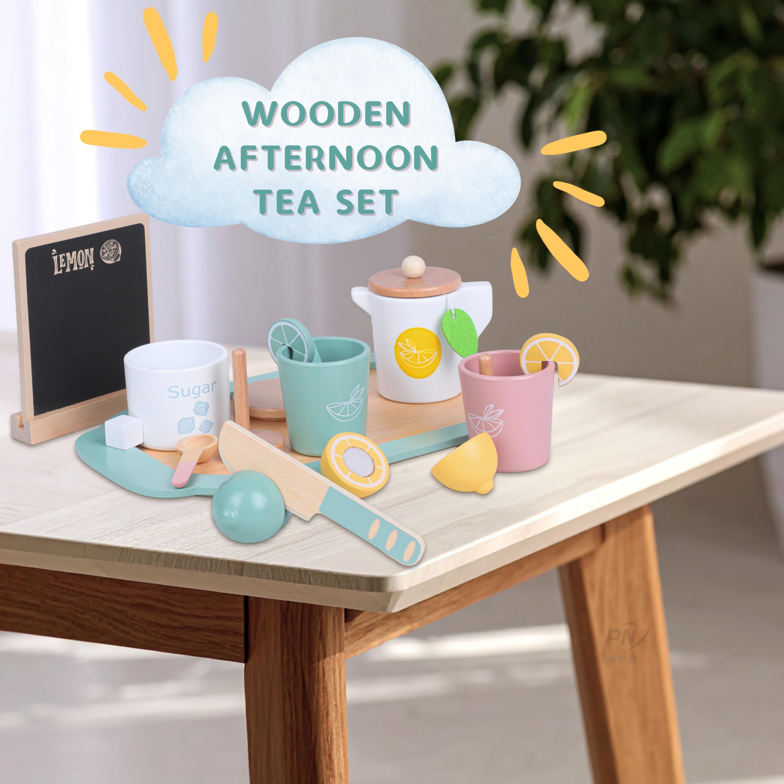 PN AVAN Number Enlightenment Wooden Toy Train for Toddlers - Animal, Transportation, Fruit, Color Recognition Early Education Blocks (Wooden Tea Set)