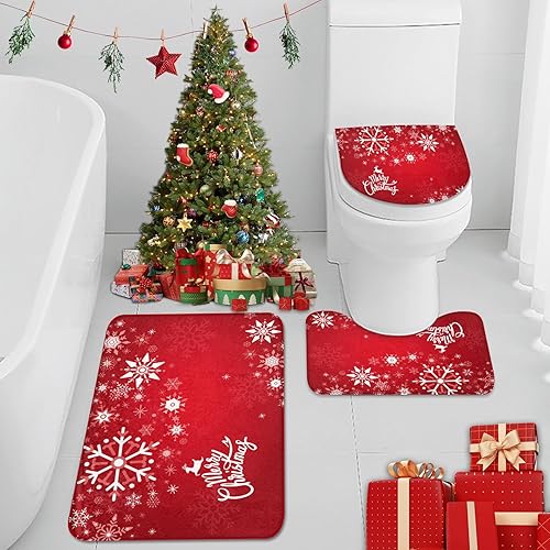 ArtSocket Juego de 3 tapetes de baño de Navidad, diseño de muñeco de nieve rojo, antideslizante, lavable, juego de 3 tapetes de baño para decoración