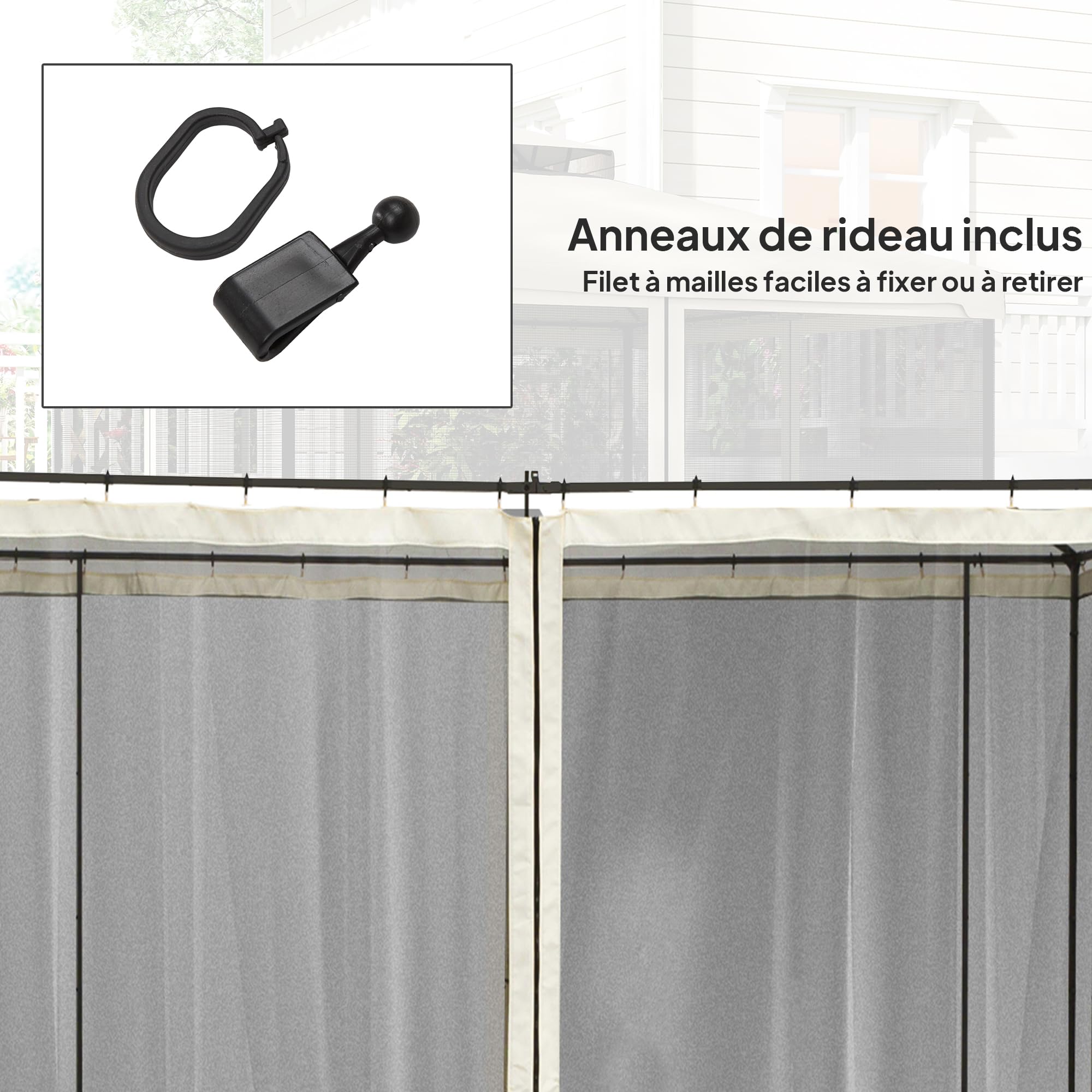 Outsunny Muggengaas voor paviljoen, Barnum tuinpaviljoen, 3 x 3 m, 4 stuks muggennetten met ritssluiting bevestigingshaken, polyester nylon, zwart en crème