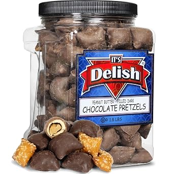 Dark Chocolate Covered Peanut Butter Pretzels by Its Delish, 1.8 LBS Jumbo Container Bulk | Gourmet Chocolate Coated Pretzel Nuggets Filled with PeanutButter Bites | Awesome Candy Snack, Vegan, Kosher
