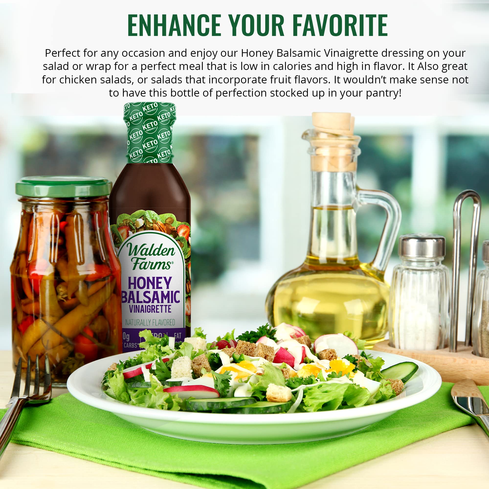 Amazon.com : Walden Farms Honey Balsamic Vinaigrette Dressing 12 Oz. Bottle  (Pack of 3) - Fresh & Delicious Salad Topping, 0g Net Carbs Condiment,  Kosher Certified - Great on Salads, Drizzled on