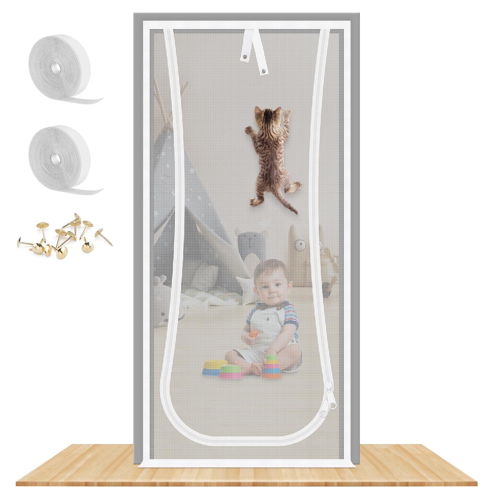 Puerta Mosquitera para Gatos, 81X208cm Puerta de Pantalla de Gato con Cremallera Bilateral, Evita Que los Perros gatos salgan Corriendo de la casa, Dormitorio, Sala de Estar, Cocina Puerta del Patio