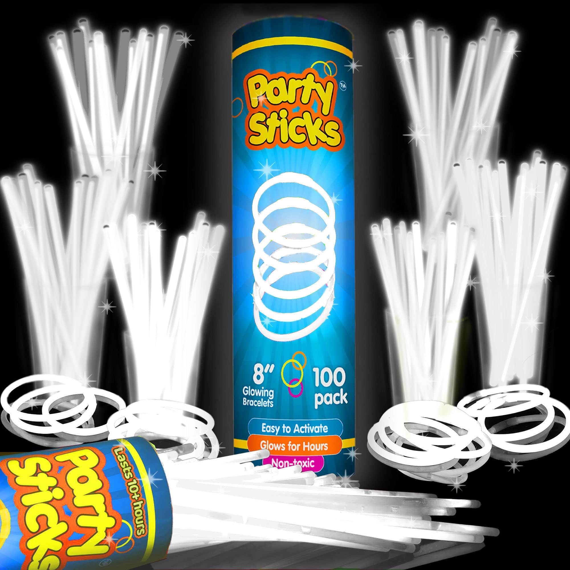 PartySticks White Glow Sticks - 100pk, 8 Glow In The Dark Light Up Party Favors, Decorations and Accessories