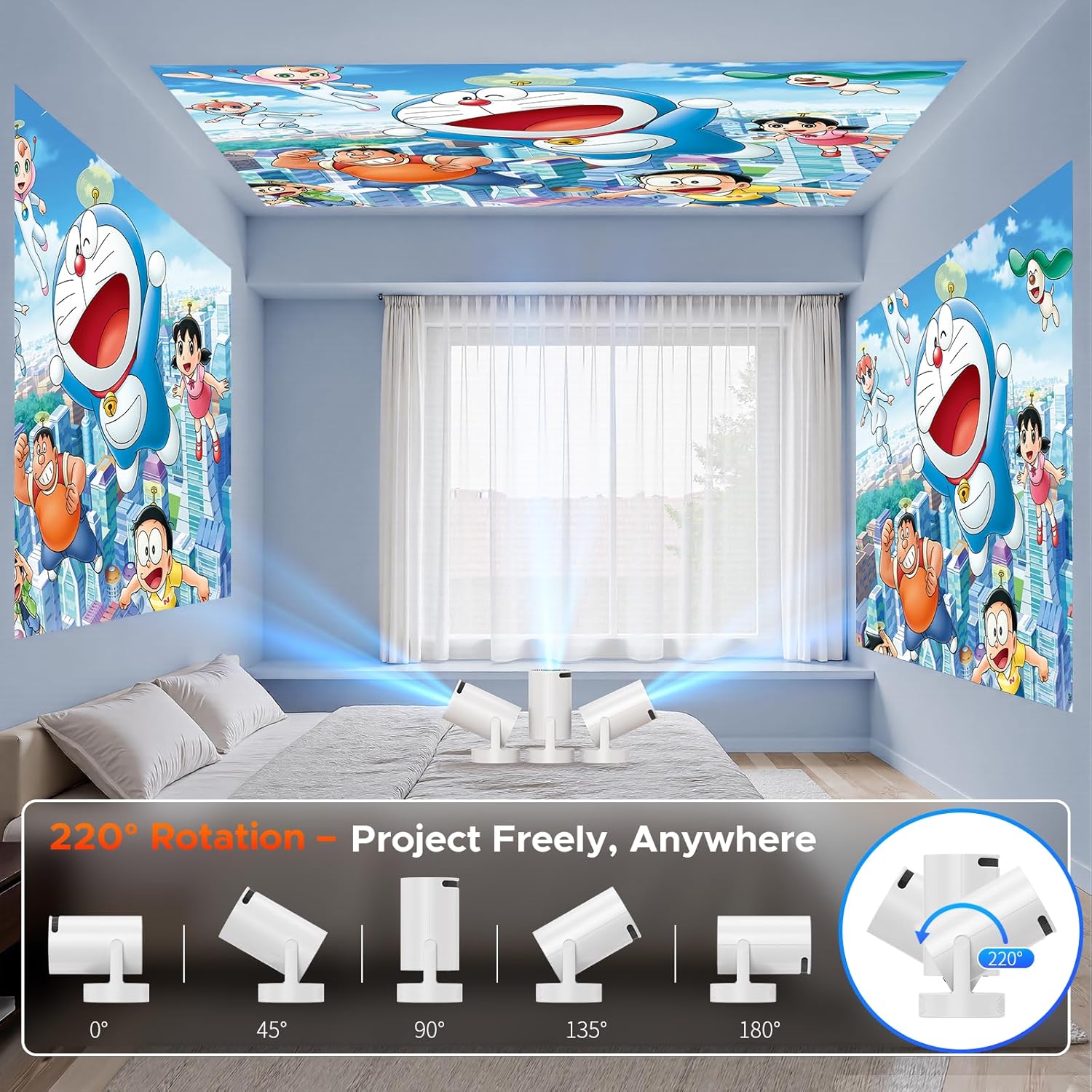 Mini Projector with WiFi and Bluetooth, Smart Portable Movie Projector 4K Support, 300 ANSI, 5W Base Speaker, 220° Rotation, Auto Vertical Keystone, Compatible with USB/HDMI/TV Stick/Laptop/Smartphone