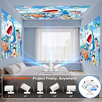 Mini Projector with WiFi and Bluetooth, Smart Portable Movie Projector 4K Support, 300 ANSI, 5W Base Speaker, 220 Rotation, Auto Vertical Keystone, Compatible with USB/HDMI/TV Stick/Laptop/Smartphone