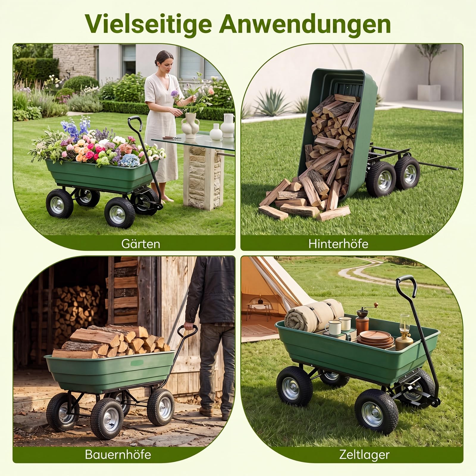 COSTWAY Bollerwagen, 400 kg | 125 L | Kippfunktion, Gartenwagen mit verstellbarem Griff & Luftreifen, Transportwagen Metall, Kippwagen Sackkarre, für Garten, Hof, Camping, 120x56x61,5 cm, Schwarz