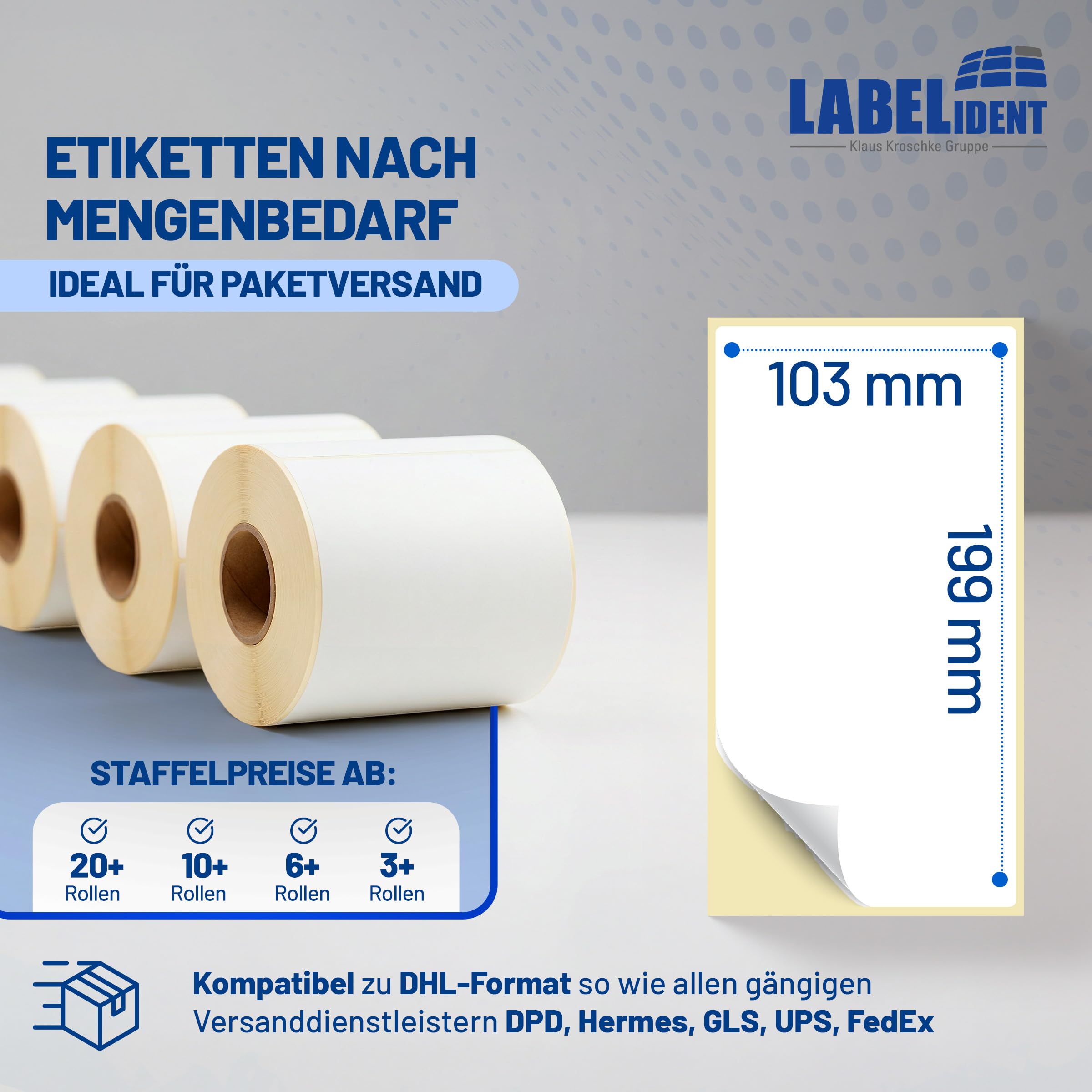 Labelident Versandetiketten (103 x 199 mm) - 2.500 Thermoetiketten auf 10 Rolle/n | Stark selbstklebende Thermodirekt-Labels für DHL, DPD, Fedex, GLS, Hermes, UPS, Zebra