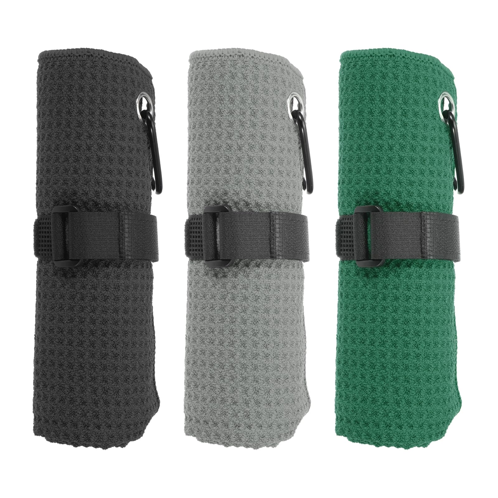 PATIKIL 20"x16" Microfiber Golf Towel, 3 Pack Tri-Fold Golf Towels Waffle Pattern Towels Absorption with D Clip, Hook and Loop Fastener, Black/Gray/Dark Green