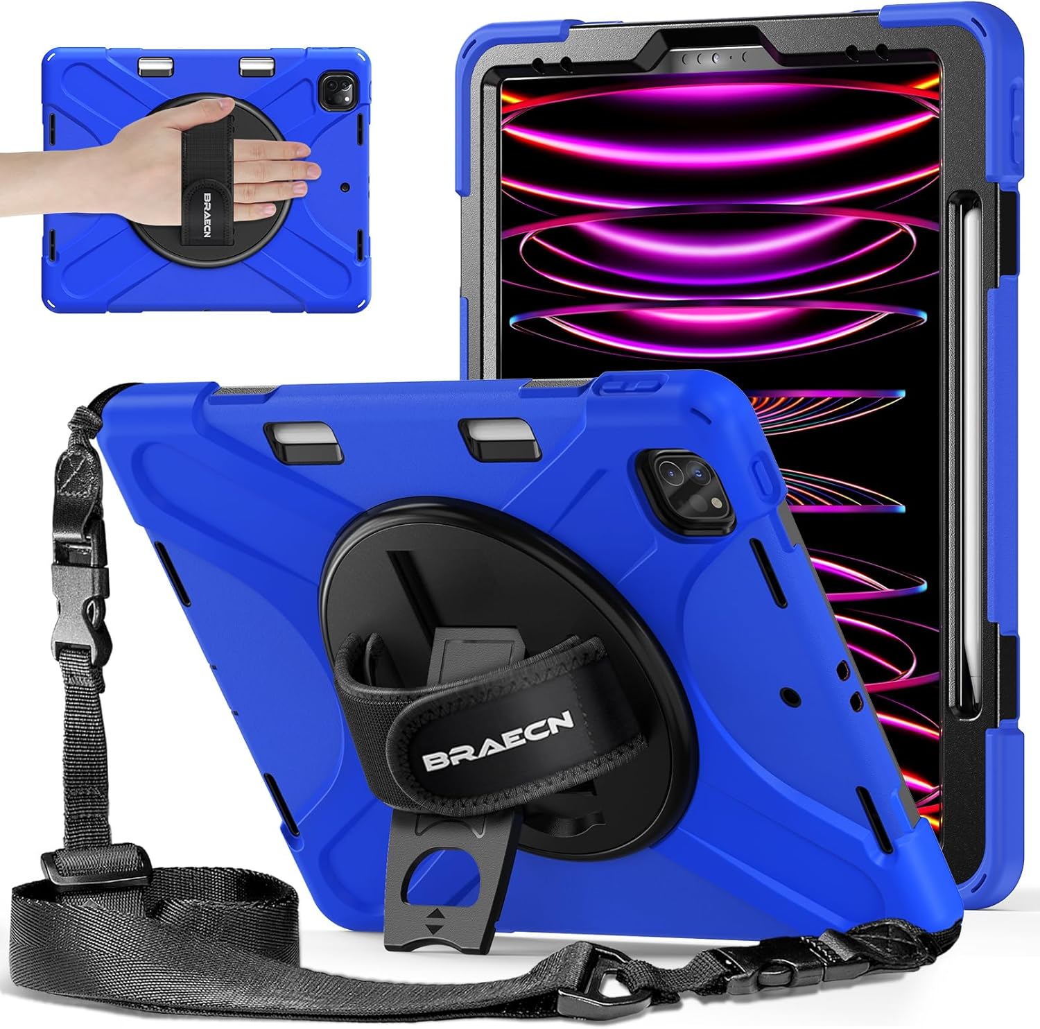 BRAECNstock Case for Apple iPad Air 13 inch (M3/M2)/ Pro 12.9 inch 6th/5th/4th/3rd Gen, Shockproof Protective iPad Kids Case with Pencil Holder, [360° Rotating Stand&Hand Strap], Shoulder Strap, Blue