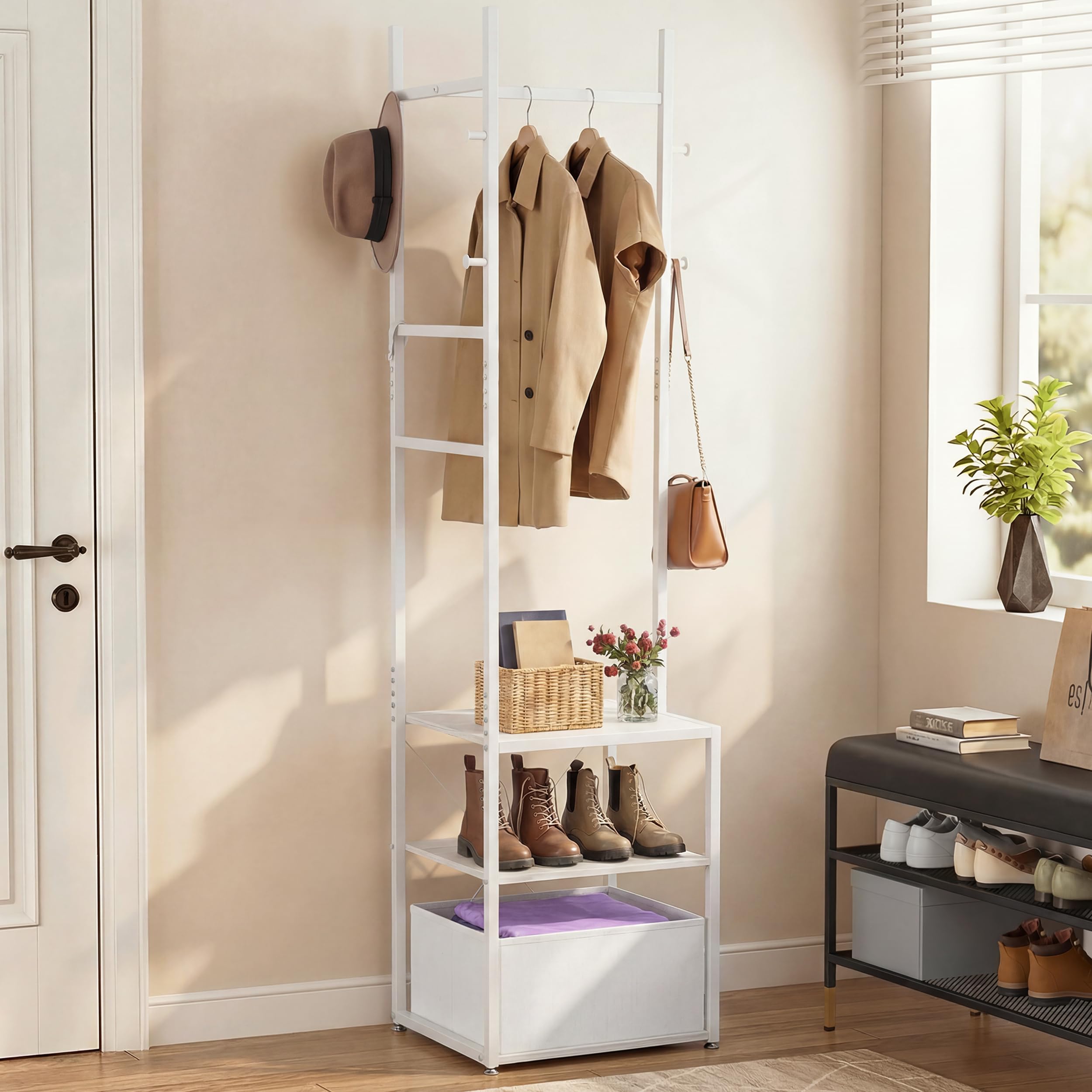 YITAHOME Freestanding Coat Rack Hall Tree, Clothes Rail, 8 Hooks & Shelves