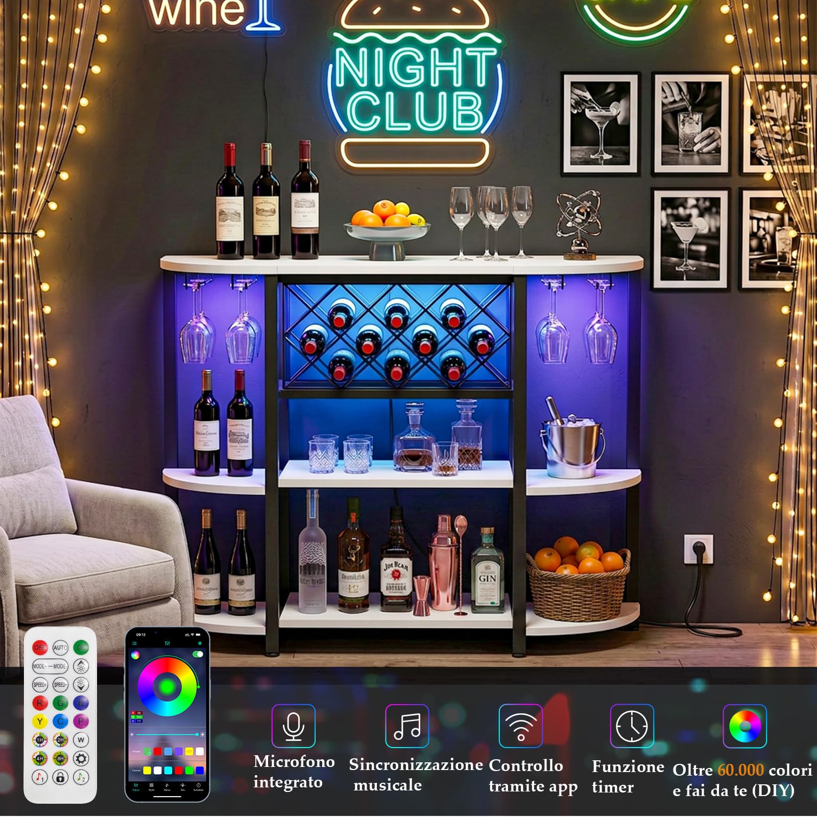 Homieasy Mobile Bar con LED, Prese e Portabottiglie | In Legno e Metallo, 120x40x91cm, Per Soggiorno e Cucina