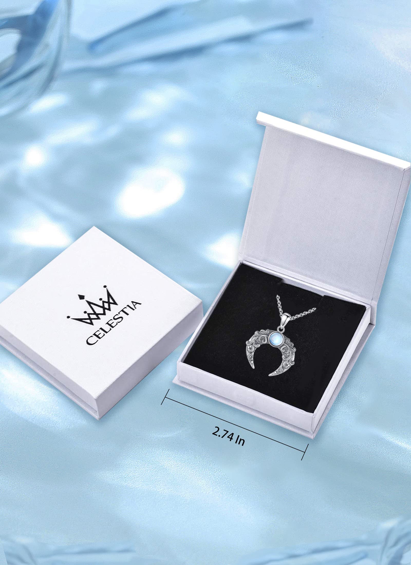 CELESTIA Naszyjnik Księżyc, damski naszyjnik z wiedźmą wisiorek księżyc z kamieniem księżycowym srebro 925 biżuteria Wicca prezent pogańska duchowa wiedźma prezent dla kobiety