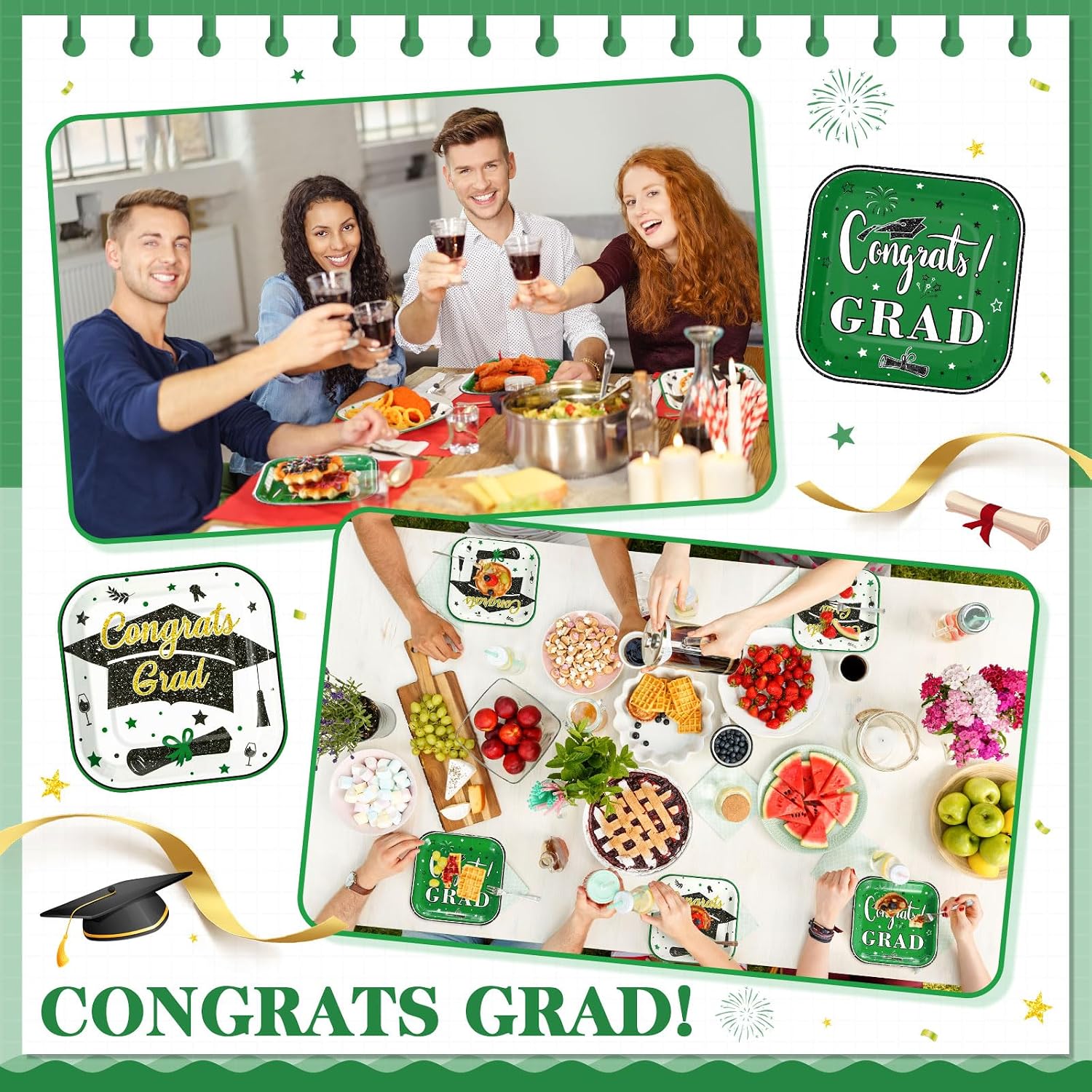 FoldTier 100 Pcs Green and White 2026 Graduation Party Plates 7 x 7 in Congrats Grad Dessert Paper Plates Class of 2026 Disposable Square Cake Decorative for Graduation Cocktail Party Supplies