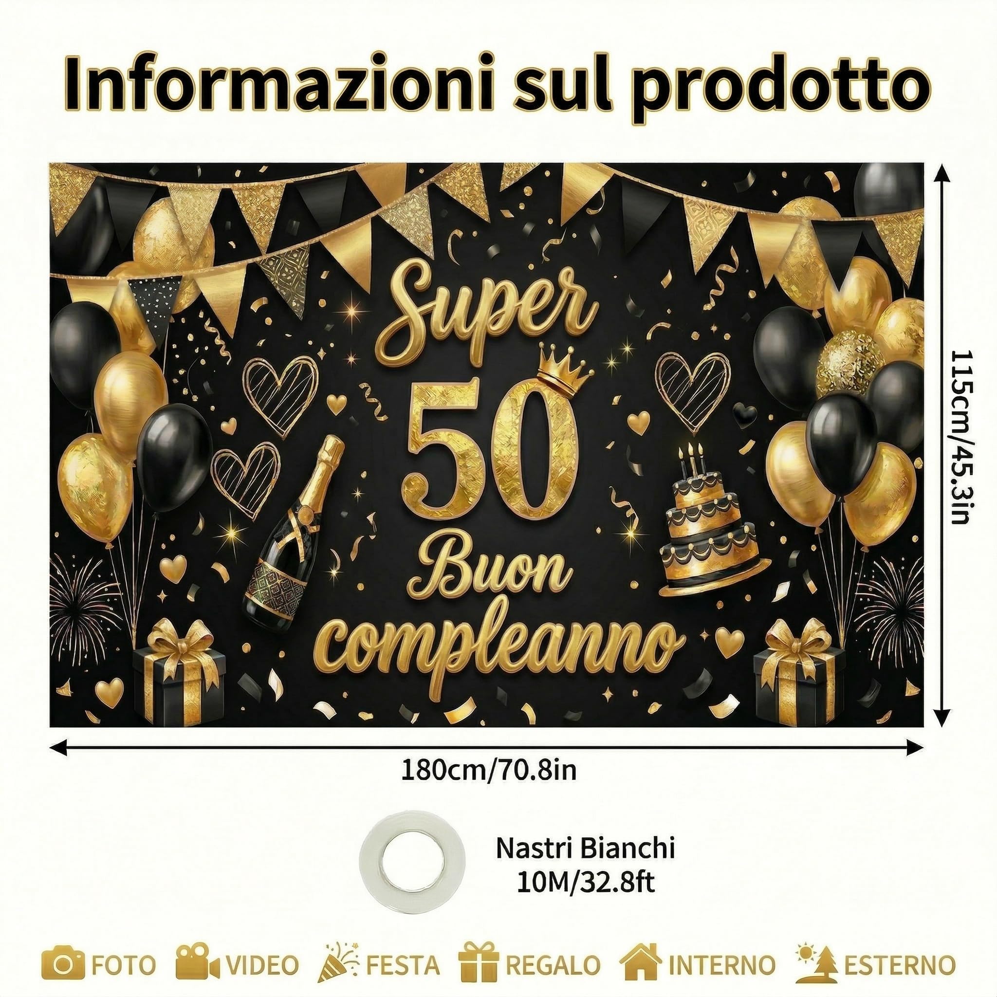 Striscione di Compleanno 18 30 40 50 60 70 80 Anni, Compleanno Festa Decorazioni Oro Nero, Fondale per Decorazioni del Buon Compleanno Decorazione 180x115 cm, (50 Anni) - 5