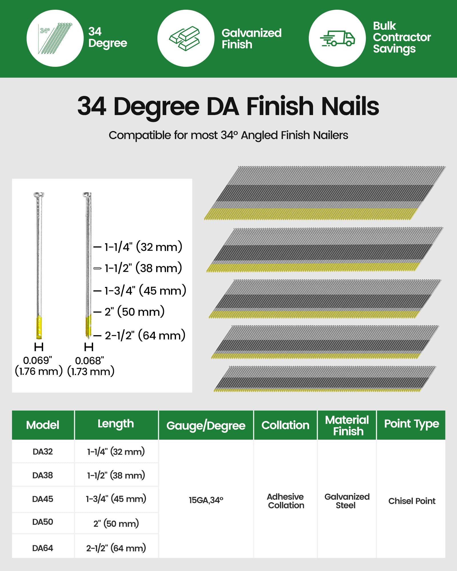 Meite 15 Gauge Angled Finish Nails - 2.5" (34 Degree) -2 Meite 15 Gauge Angled Finish Nails - 2.5" (34 Degree) -2