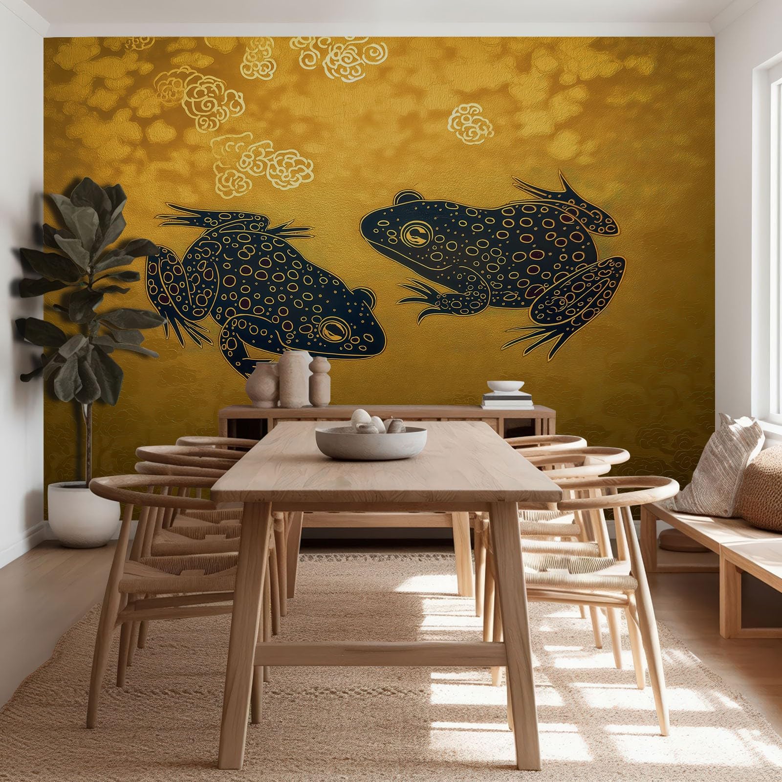 Japoński obraz, walczące żaby, mural, żółta, wysokiej jakości flizelina, fototapeta do pokoju dziecięcego i pokoju gier, tło - 250 x 175 cm