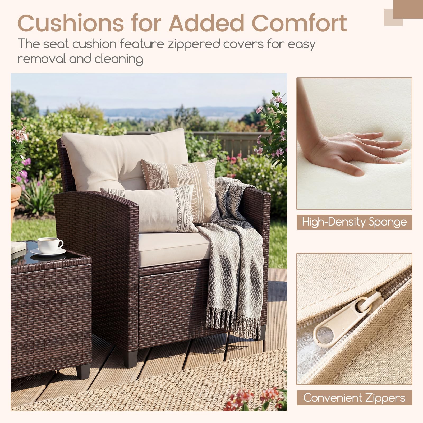 GIANTEX Salon de Jardin 2 Personnes en Rotin, Mobilier Jardin avec 2 Fauteuils, Coussins Amovibles, Table Basse Plateau en Verre Trempé, pour Balcon, Cour, Marron + Blanc
