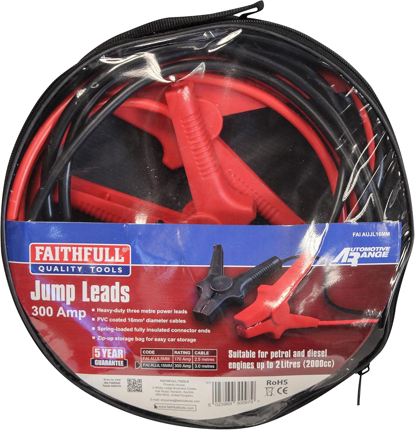 Faithfull FAIAUJL16MM 3 m x 16 mm Jump Leads with Storage Bag