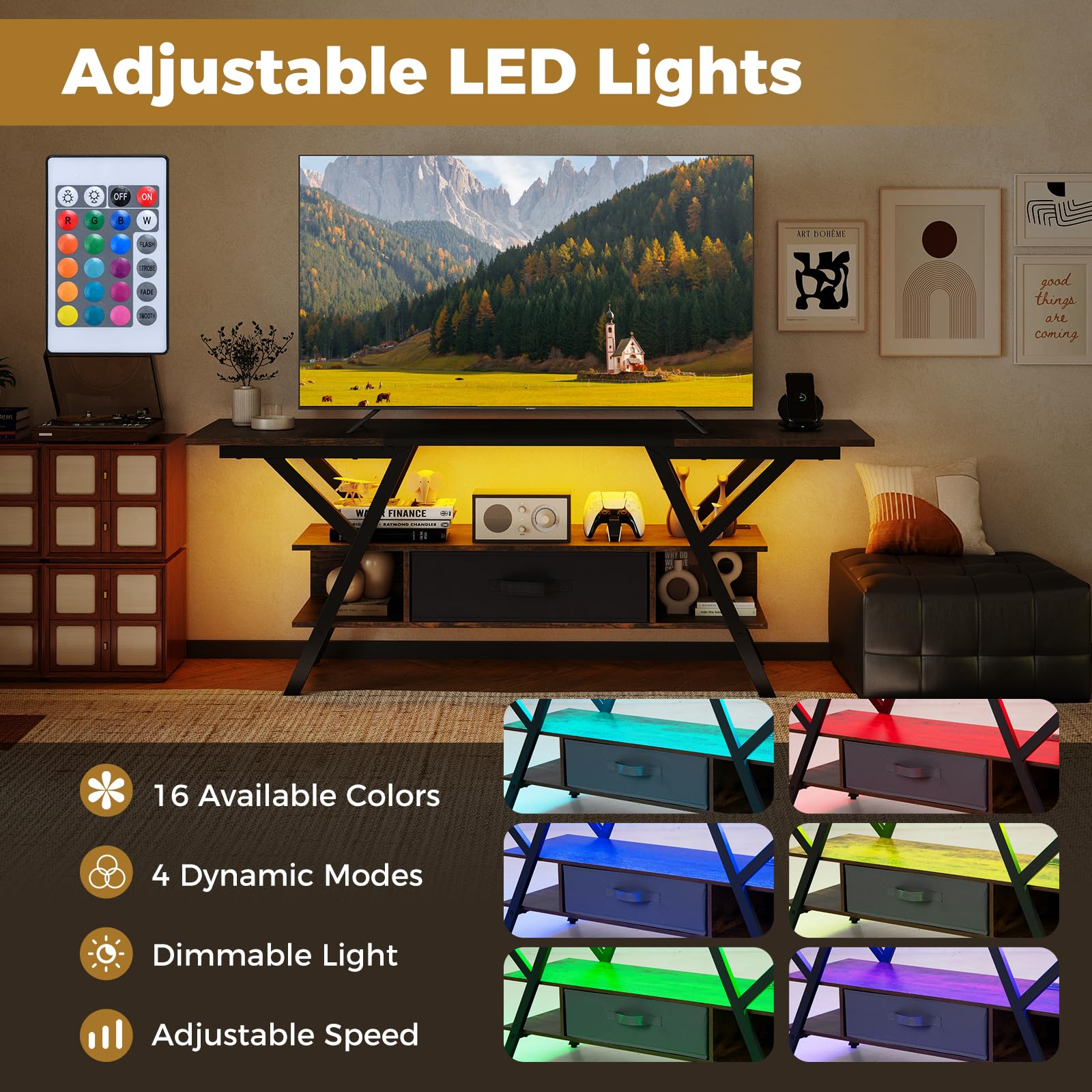 GIANTEX Mueble de TV con Iluminación LED Ajustables, Mando a Distancia, Estación de Carga, para Televisor hasta 65 Pulgadas, Soporte de TV con Cajón de Tela y Estantes Abiertos, 140x40x54cm (Marrón)