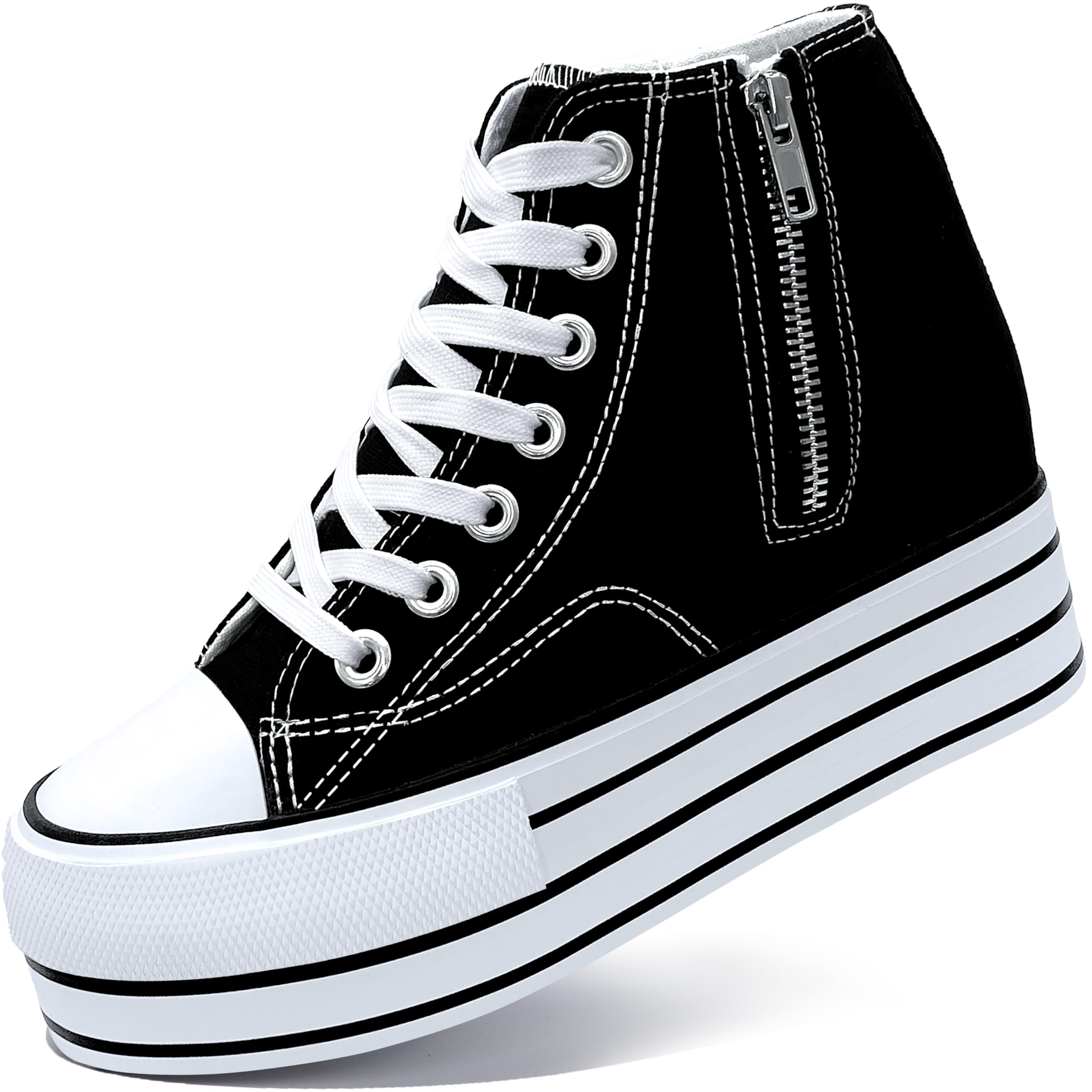 Womens Platform Shoes Hidden Wedge 4 Inches Height Increase, High Top Canvas Sneakers High Heel White Black Fashion Sneakers for Women and Girls