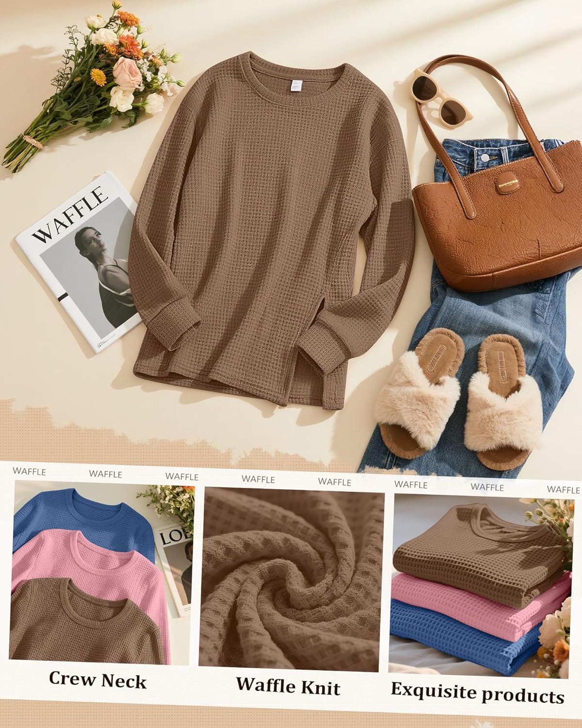 3 Pack Women's Maternity Shirts Long Sleeve Waffle Knit Side Split Oversized Tops Pregnancy Clothes Fall Tees - Image 4