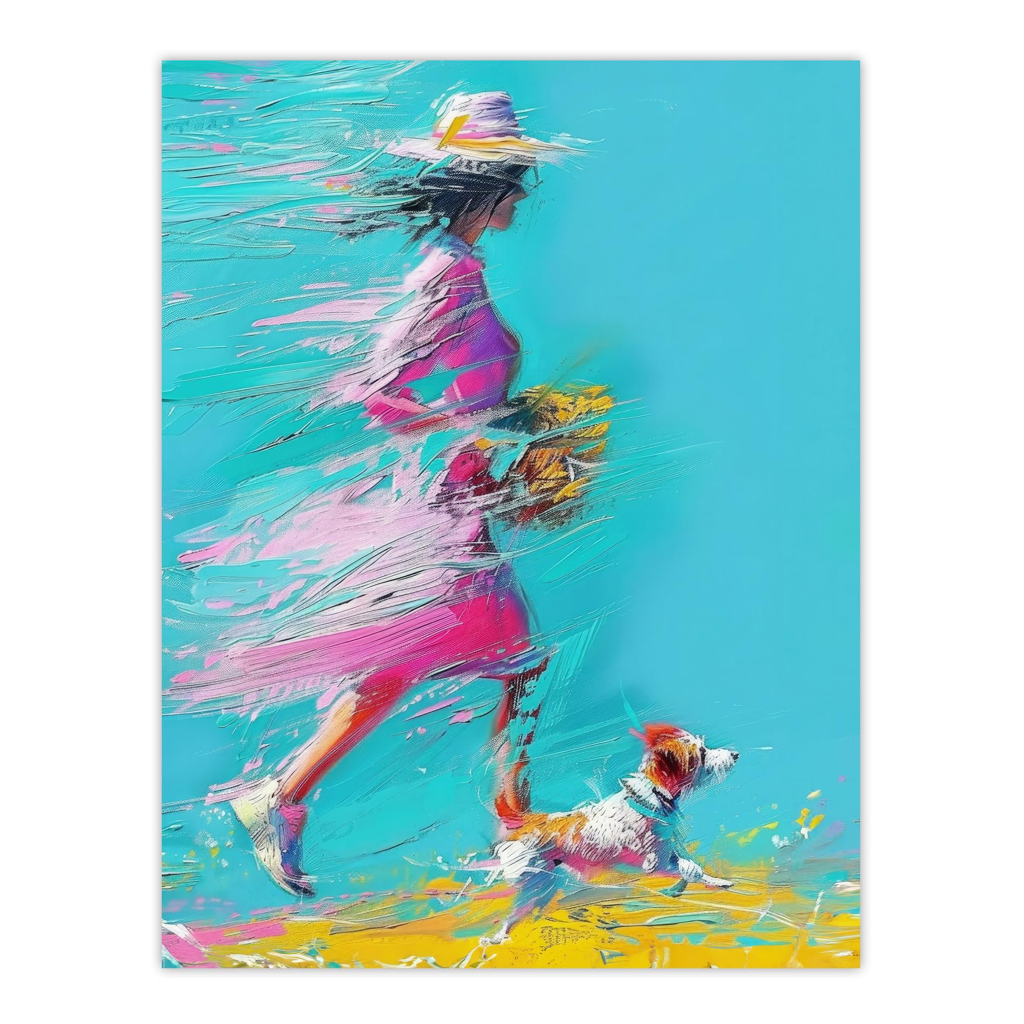 Woman and Pet Windy Walk Dog Lover Abstract Wall Art Poster Print Picture