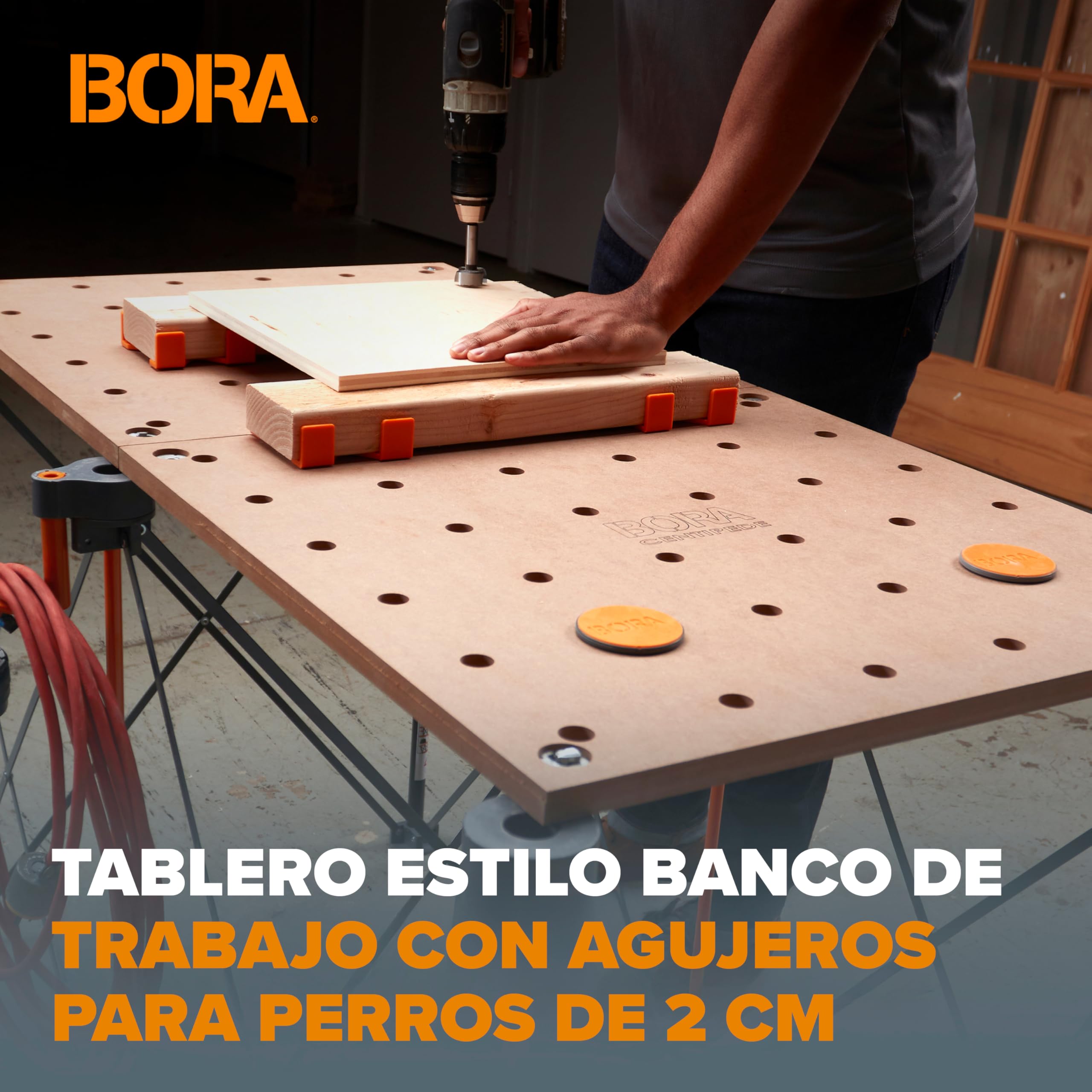 Bora Centipede CK22TM Mesa de Banco de Trabajo 24 x 48 Pulgadas con Parte Superior de Madera y Agujeros de 20 mm